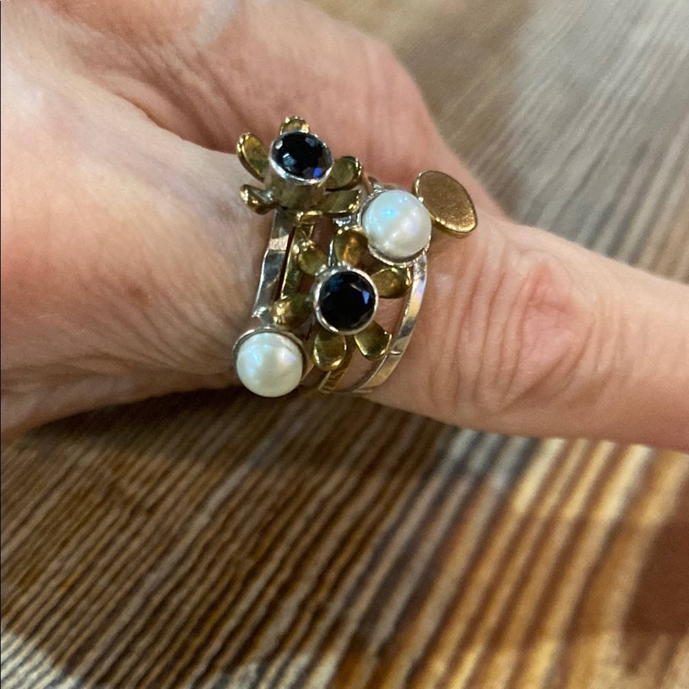 Size 7 Sterling and Brass Pearl Stack Ring